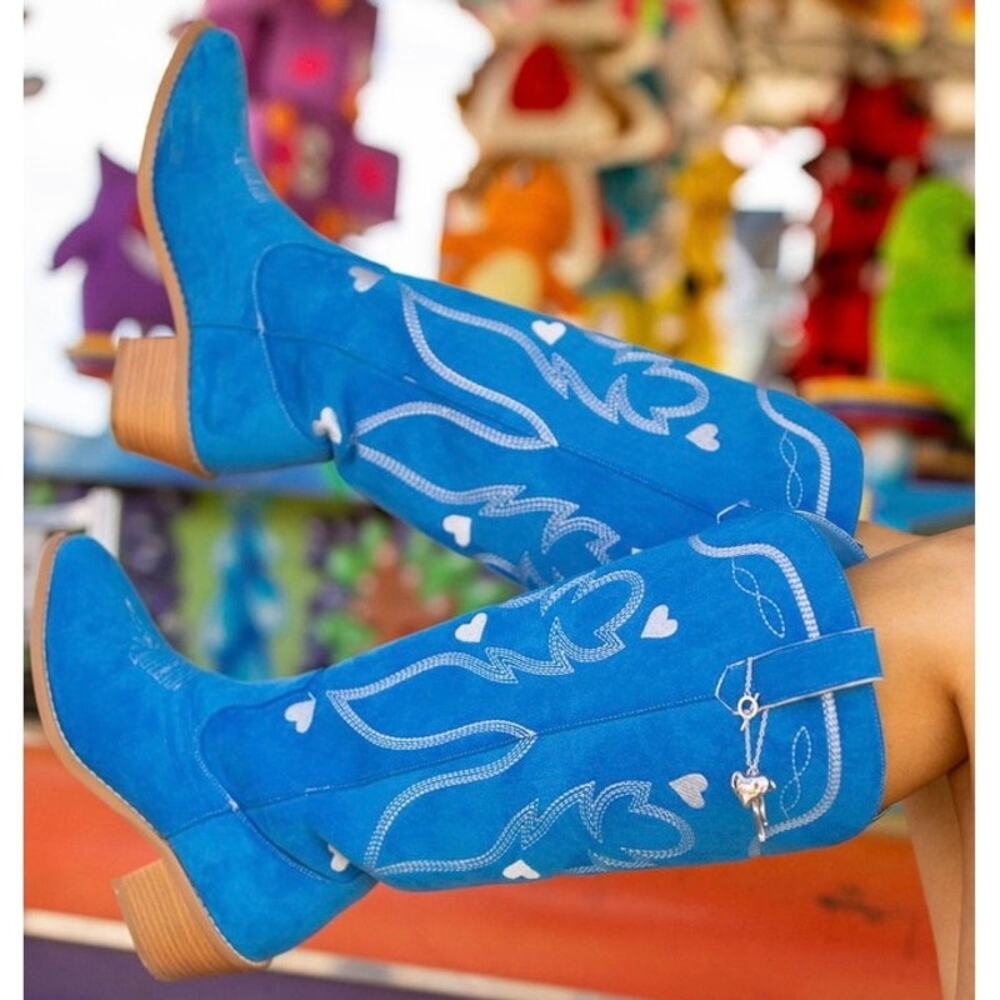 NEW Pink‎ Lily Krista Horton Horton Heart Blue Faux Suede Western Cowboy Boots